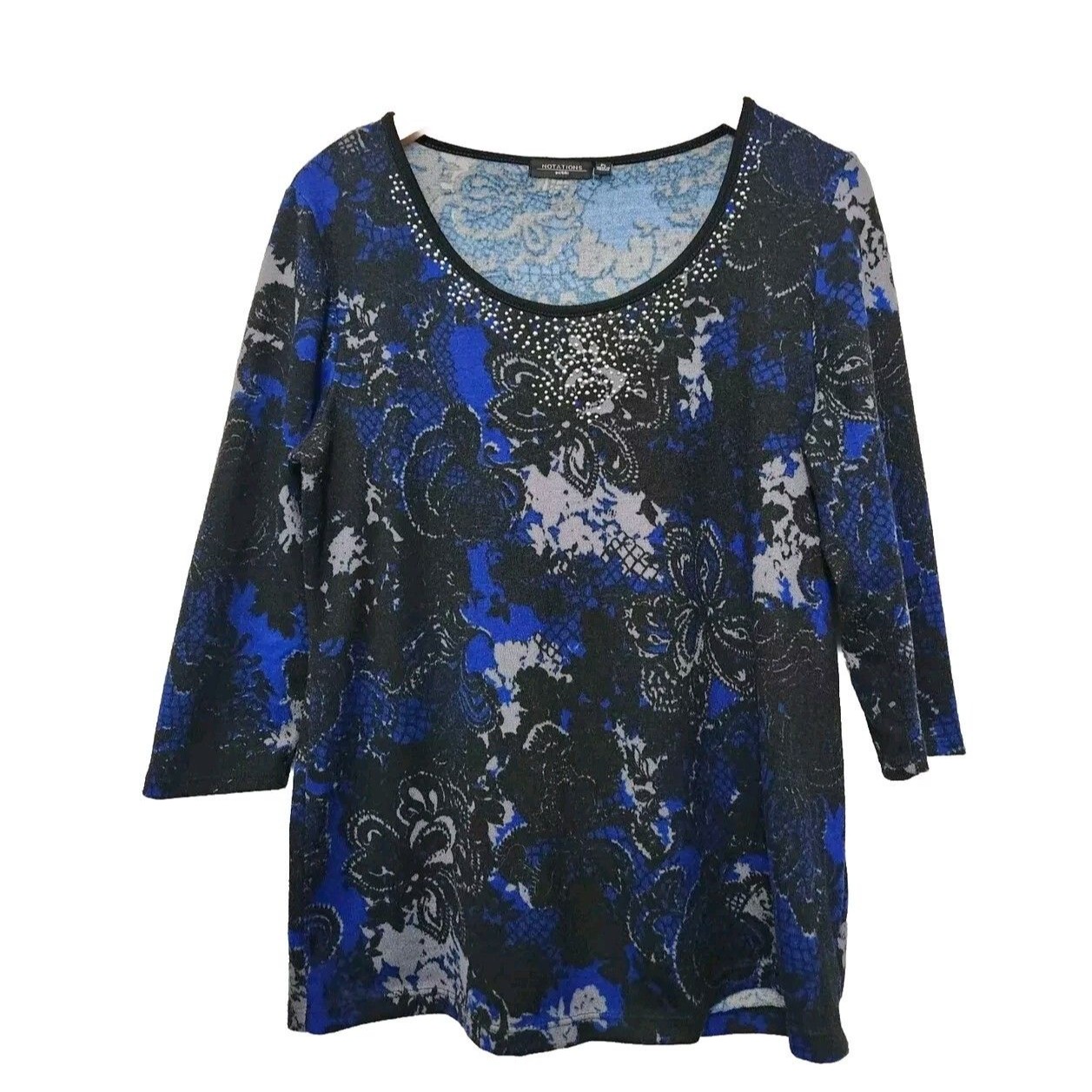 Notations Womens Sweater Size Pl Blue Black Floral Pullover 3/4 Sleeve Beaded